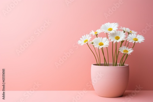 White Daisy flowers in a clay pot, minimalism, pastel background, reality, stock photography, high quality © JetHuynh