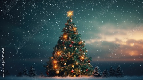 decorated Christmas tree with blurred snowy night background.