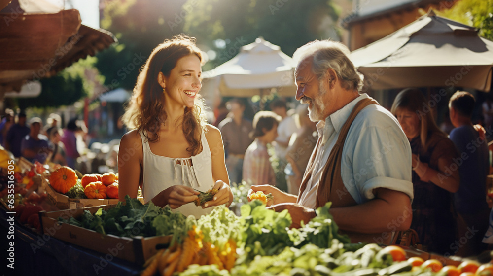 A young woman buys fruit and vegetables from a shopkeeper at a summer market. Generative ai