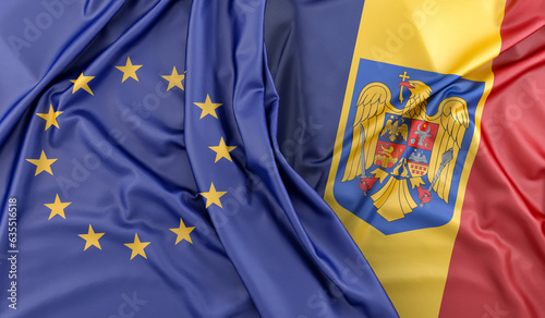 Ruffled Flags of European Union and Romania (with coat of arms). 3D Rendering