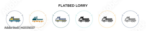 Flatbed lorry icon in filled, thin line, outline and stroke style. Vector illustration of two colored and black flatbed lorry vector icons designs can be used for mobile, ui, web