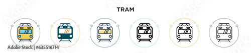 Tram icon in filled, thin line, outline and stroke style. Vector illustration of two colored and black tram vector icons designs can be used for mobile, ui, web