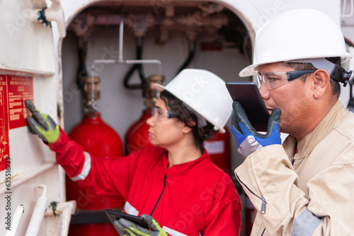 Phone conversation amidst machinery: engineer communicates, partner at work