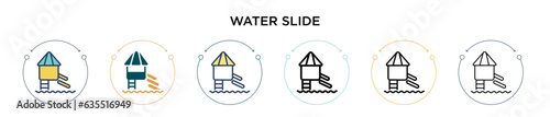 Water slide icon in filled, thin line, outline and stroke style. Vector illustration of two colored and black water slide vector icons designs can be used for mobile, ui, web