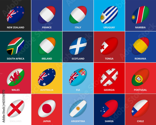 20 Flags in the Style of a Rugby Ball. Flag of International Rugby Competition 2023 Participants.