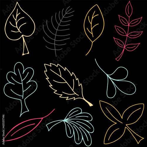Vector Set of Colorful Autumn Doodle Leaves.