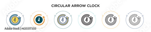 Circular arrow clock icon in filled, thin line, outline and stroke style. Vector illustration of two colored and black circular arrow clock vector icons designs can be used for mobile, ui, web