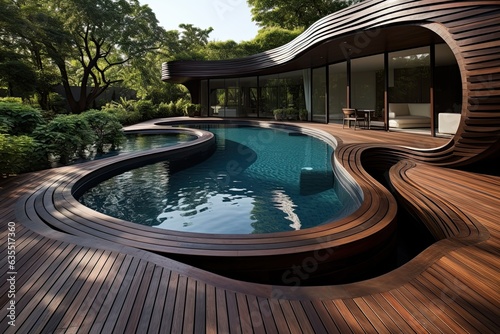 outdoor pool surrounded by a deck made of dark wood  Generative AI 