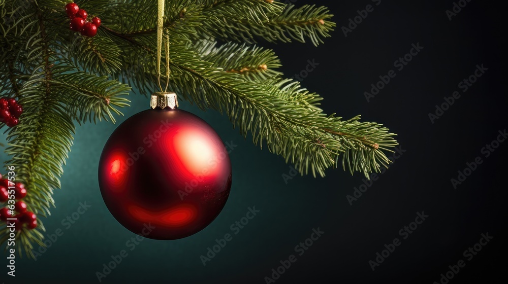 Globe christmas ornament hanging from a tree branch created with Generative AI technology Globe christmas ornament hanging from a tree branch created with Generative AI technology