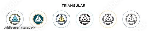 Triangular icon in filled, thin line, outline and stroke style. Vector illustration of two colored and black triangular vector icons designs can be used for mobile, ui, web photo
