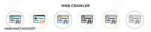 Web crawler icon in filled, thin line, outline and stroke style. Vector illustration of two colored and black web crawler vector icons designs can be used for mobile, ui, web