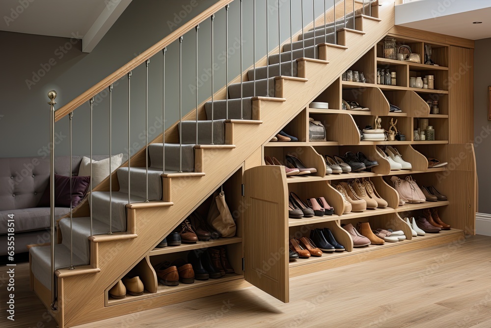Fototapeta premium wooden pull out storage solution under a staircase (Generative AI)