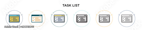 Task list icon in filled, thin line, outline and stroke style. Vector illustration of two colored and black task list vector icons designs can be used for mobile, ui, web