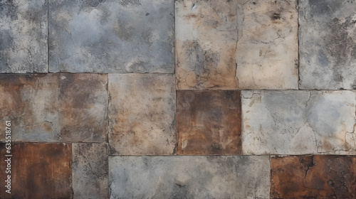 Old brown gray rusty vintage worn shabby patchwork motif tiles stone concrete cement wall texture background , AI generative