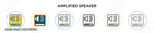 Amplified speaker icon in filled, thin line, outline and stroke style. Vector illustration of two colored and black amplified speaker vector icons designs can be used for mobile, ui, web