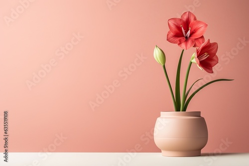 Hippeastrum plant in a clay pot  minimalism  pastel background  reality  stock photography