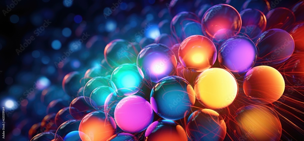 3D Colored Energic Bubbles Pattern. With Energy Swarm. Three-dimensional agglomeration of little colorful balls in a beautiful bright texture. - obrazy, fototapety, plakaty 