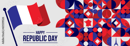 France national day banner design. French flag and map theme with Paris Eiffel tower background.