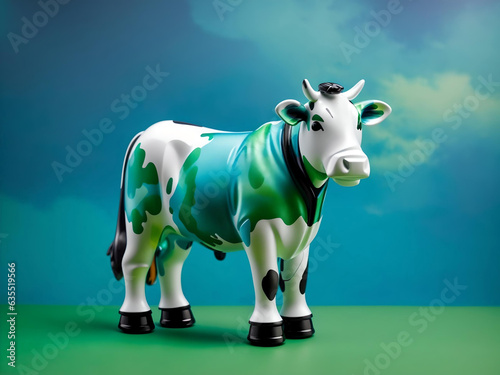 A toy cow with a blue and green background, Generative AI © mizan