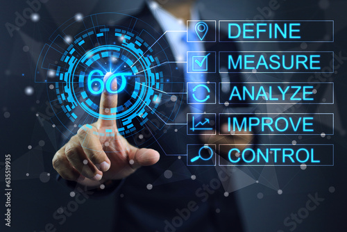 6 sigma concept define measure analyze improve control DMAIC Industrial innovation technology quality control business Business man pointing 6sigma to control products quality on production process photo