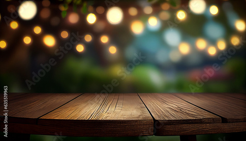 Wooden table in front of blurred background with bokeh lights, Ai generated image