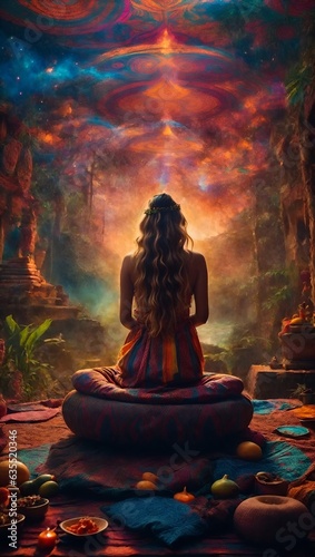 A woman meditating in front of a beautiful painting