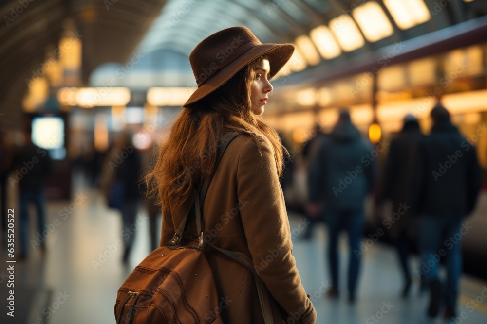 Woman with a backpack travel alone . Generative AI Woman with a backpack travel alone . Generative AI