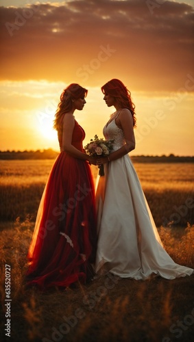Two brides standing in a field at sunset