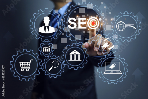 SEO search engine optimization concept, businessman pointing on gear process with data analytic or customer journey on internet or e commerce online marketing platform to business strategy