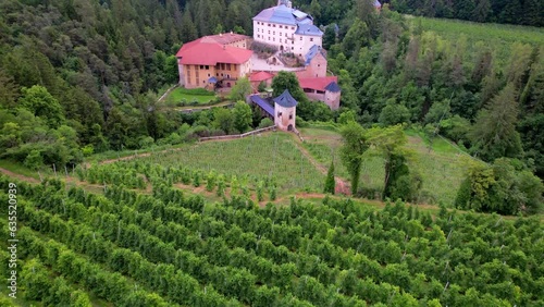 Scenic fairytale medieval castles of Italy - Castel Bragher in Trentino Alto Adige. surrounded by vineyards and forest. aerial drone video photo