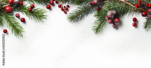 Merry Christmas flatlay with spruce branches and bright red berries. Concept of holiday cheer. © Postproduction