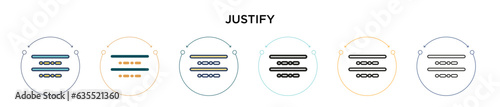 Justify icon in filled, thin line, outline and stroke style. Vector illustration of two colored and black justify vector icons designs can be used for mobile, ui, web