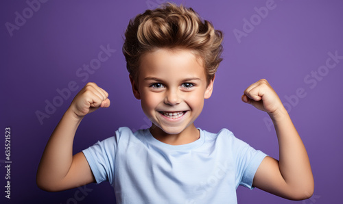 A Leader of the Pack: A confident and powerful kid, isolated over a purple background, leads his team to victory in a competition.