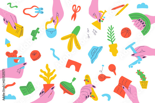 Swap landing page template or sharing banner. People in hand to hold things for exchange. Concept of swapping event, eco day, culture festival. Vector for poster, banner, background, flyer