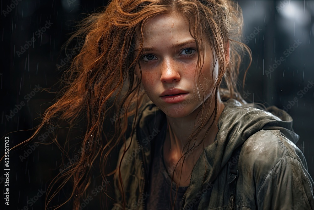 Young red-haired lady, alone at table, posing outdoors, exuding sensuality and style. Concept of an enigmatic, futuristic character. Young red-haired lady, alone at table, posing outdoors, exuding sensuality and style. Concept of an enigmatic, futuristic character.