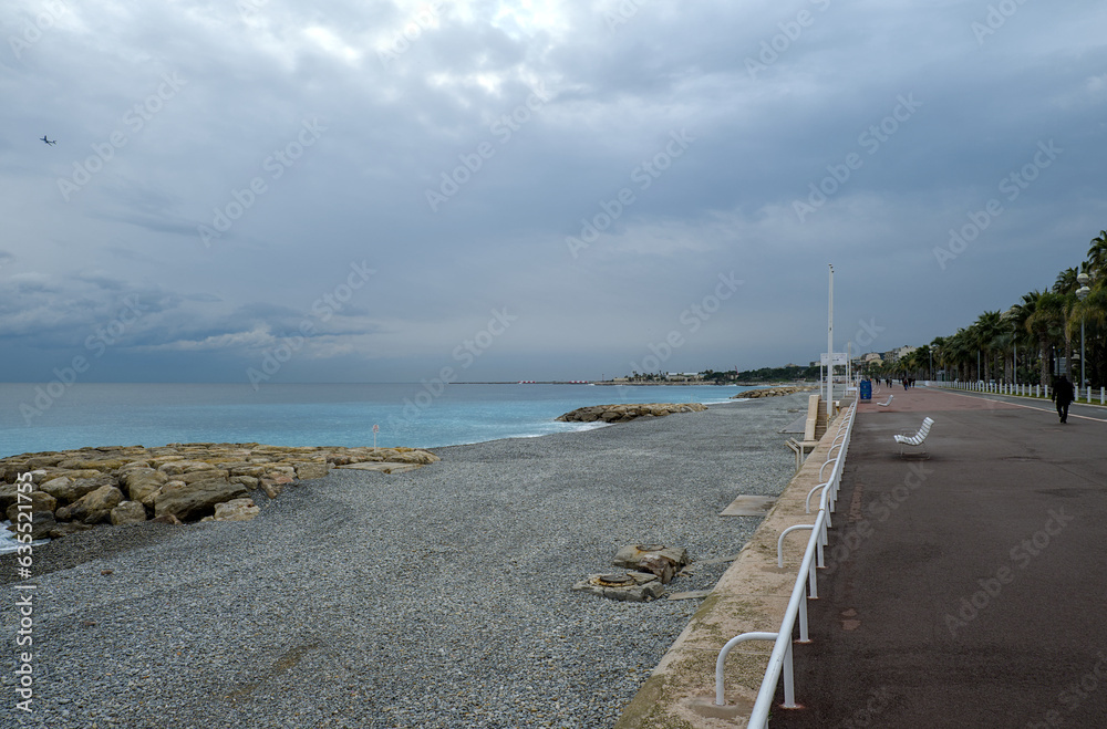 View on the coast and promenade of Nice in France in December