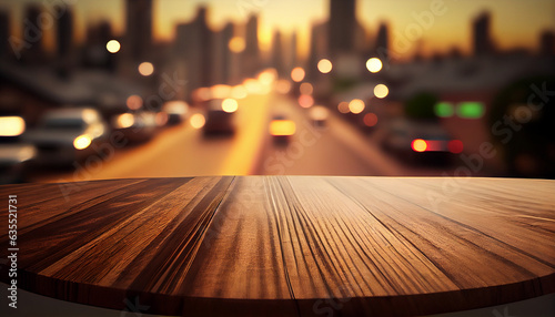 Wooden table in front of blurred background with bokeh lights, Ai generated image