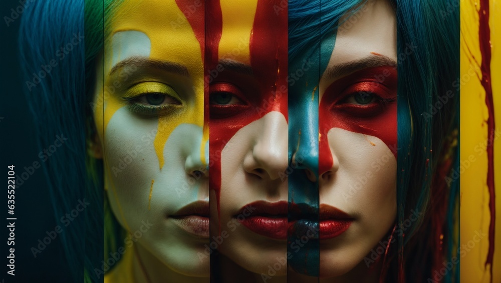 Obraz premium A woman's face adorned with vibrant and colorful paint