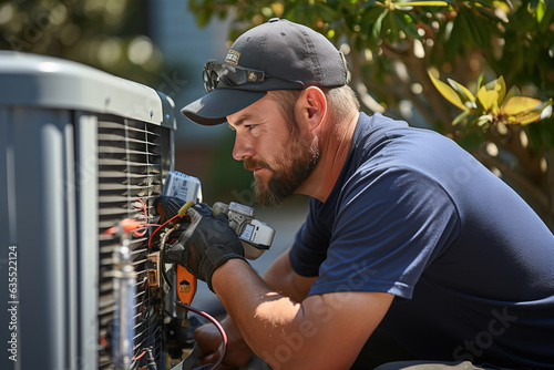 Technician working on air conditioning outdoor unit on hot sunny day. HVAC worker professional occupation. photo