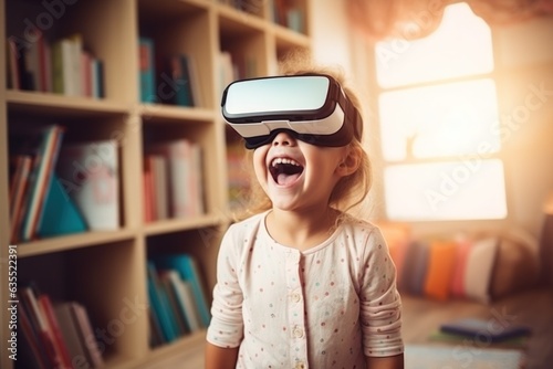 Young kid wearing a virtual reality headset, generative ai