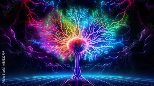 Fantasy colorful luminescent brain expanding, synapses connecting to the universe, communication of cells. Concept of opened third eye, pineal gland is activated. Spirituality, meditation, trip.