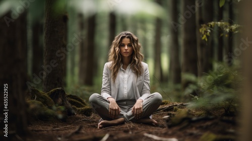 Young woman relaxing in the forest, tranquility, mindfulness, nature therapy, mental health, nature’s healing, self-care