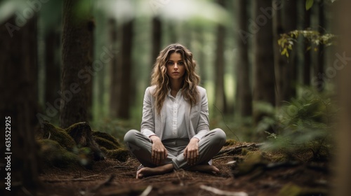 Young woman relaxing in the forest, tranquility, mindfulness, nature therapy, mental health, nature’s healing, self-care © bedaniel