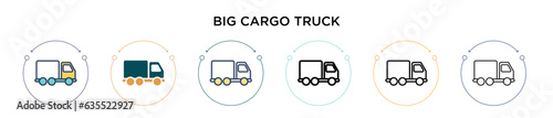 Big cargo truck icon in filled, thin line, outline and stroke style. Vector illustration of two colored and black big cargo truck vector icons designs can be used for mobile, ui, web