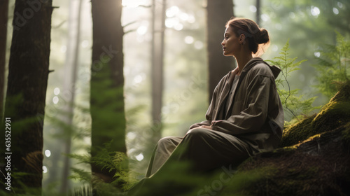 Young woman relaxing in the forest, tranquility, mindfulness, nature therapy, mental health, nature’s healing, self-care photo