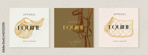 Equestrian card design, equestrian shop product, hand drawn horse tack and harness, horseback riding apparel, classical vintage style