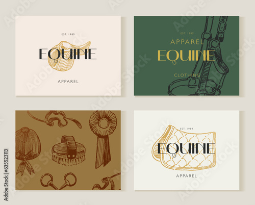 Equestrian card design, equestrian shop product, hand drawn horse tack and harness, horseback riding apparel, classical vintage style
