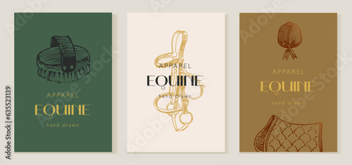 Equestrian card design, equestrian shop product, hand drawn horse tack and harness, horseback riding apparel, classical vintage style