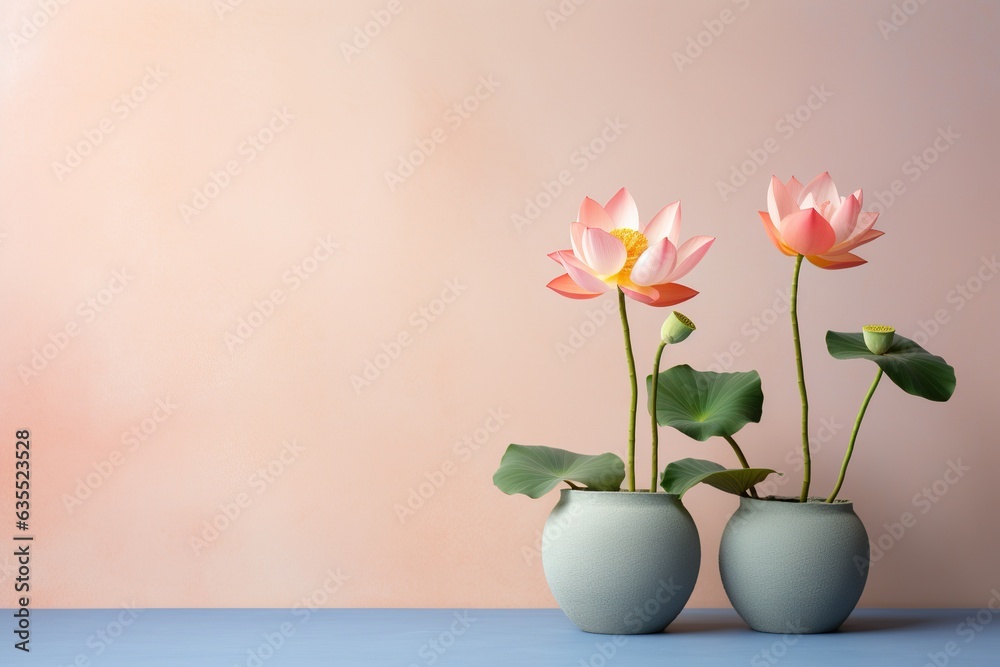 Lotus flowers in a clay pot, minimalism, pastel background, reality, stock photography, high quality with copy space Lotus flowers in a clay pot, minimalism, pastel background, reality, stock photography, high quality with copy space