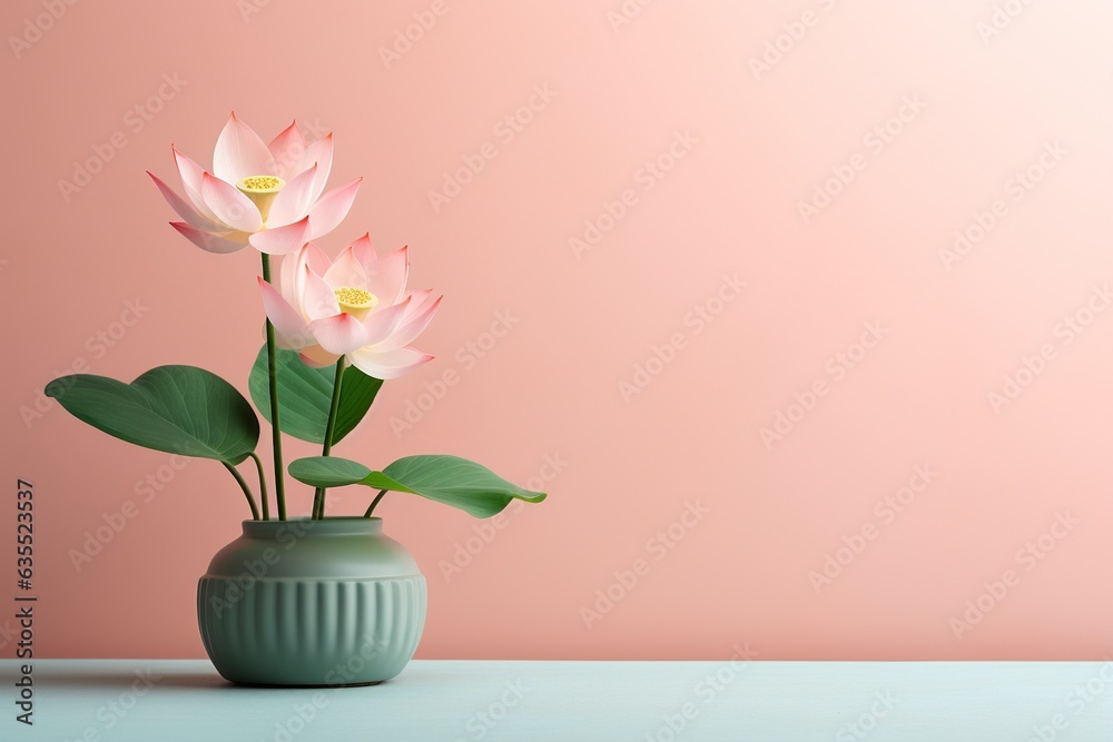 Lotus flowers in a clay pot, minimalism, pastel background, reality, stock photography, high quality with copy space Lotus flowers in a clay pot, minimalism, pastel background, reality, stock photography, high quality with copy space